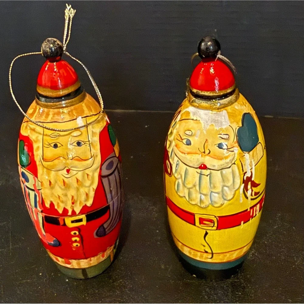 Christmas Holiday Ornaments Red Yellow Hand Painted Wood Santa Set Of 2